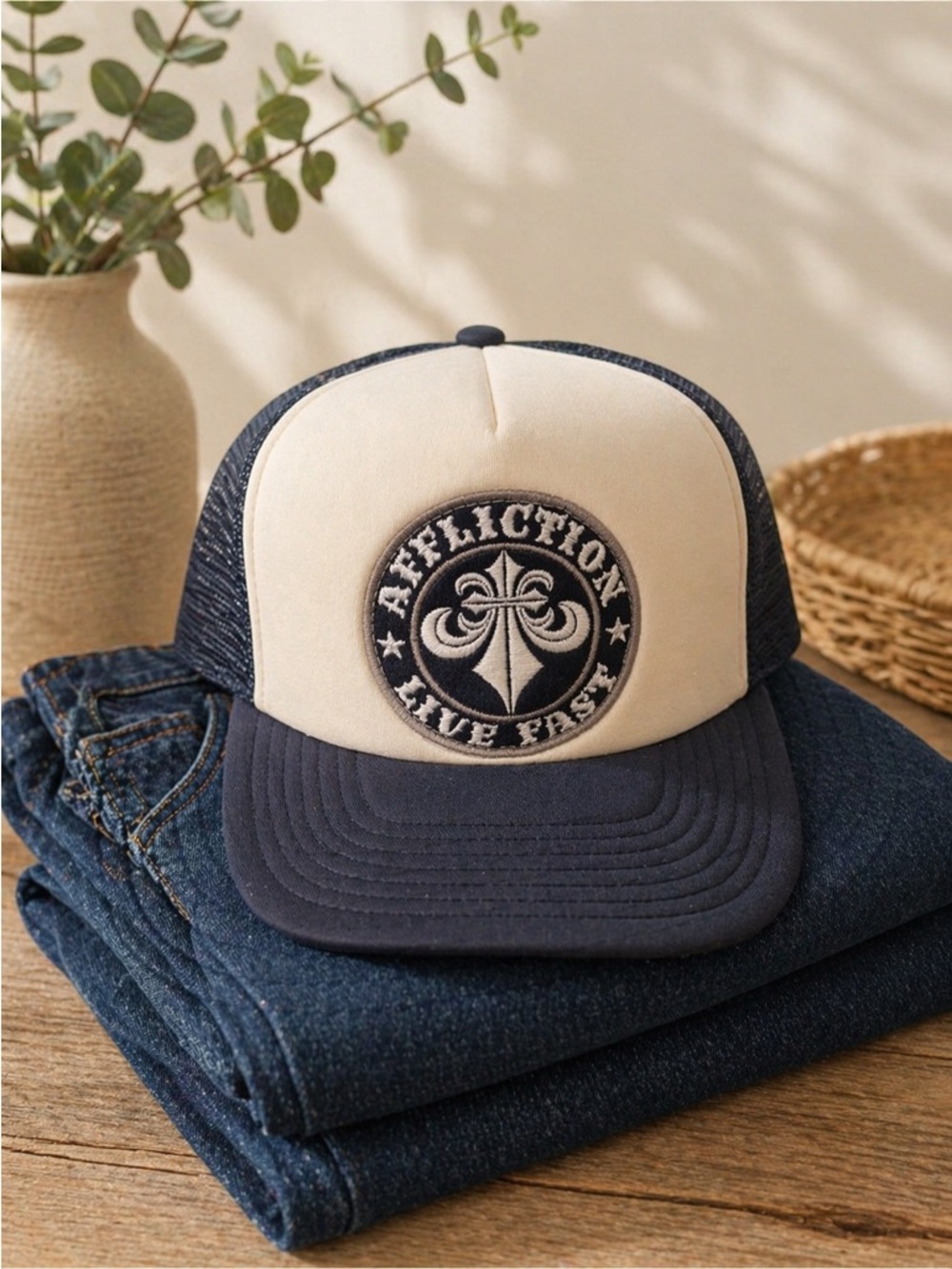 Affliction Two-Tone Black and White Mesh Trucker Hat